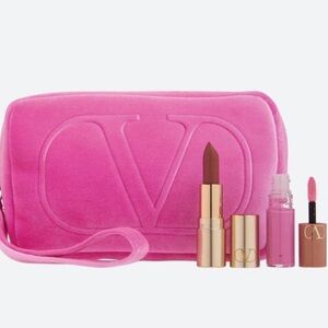Valentino Pink Velvet Logo Cosmetic Pouch with Lipstick and Gloss Set
